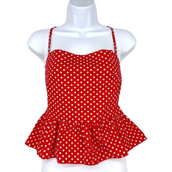 Fanco Red Polka Dot Peplum Open Back Crop Top Adjustable Tie Back Size Small - Picture 1 of 11